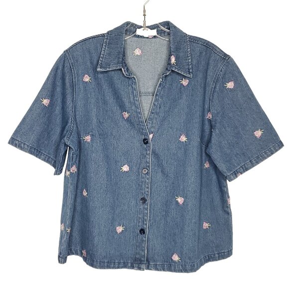 Solitaire Tops - Solitaire Embroidered  Denim Top L Blue Pink Short Sleeve Floral Cottagecore